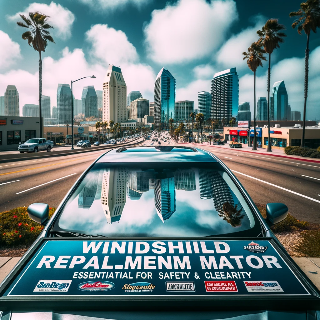 Car with a promotional windshield banner against the backdrop of San Diego's iconic skyline, advocating for the importance of windshield replacement for safety and clarity.