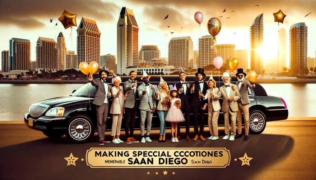 A diverse group of individuals celebrating next to a black limousine in San Diego with balloons, festive hats, and champagne, with the city skyline at sunset in the background. Text reads: "Making Special Occasions Memorable with Limo Service San Diego