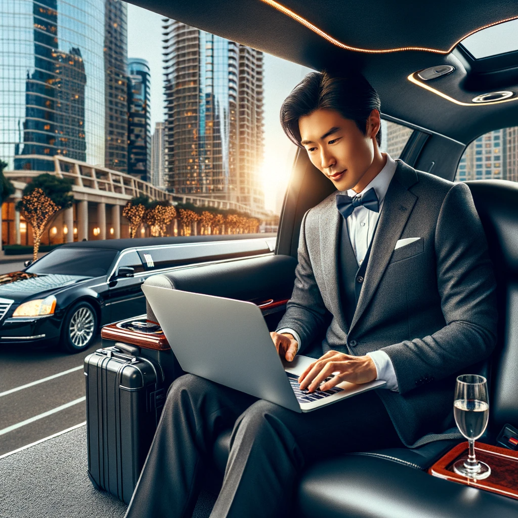 A business professional of Asian descent working on a laptop inside a limousine, parked outside a corporate building in San Diego.